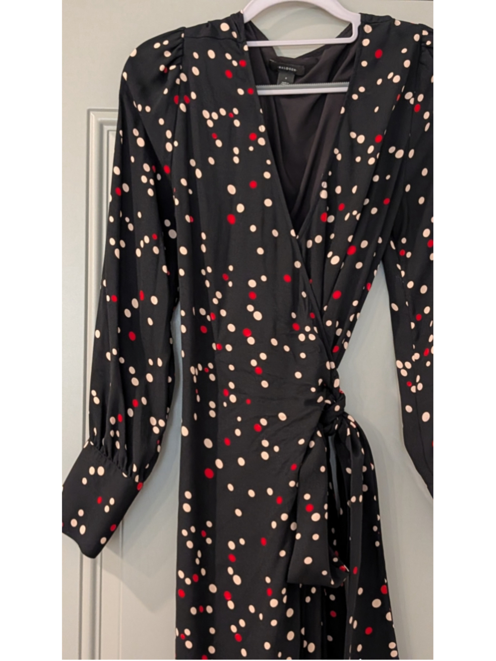 Halogen Black Polka Dot Faux Wrap Midi Dress Long Sleeve Tie Waist Size Small - Picture 2 of 9